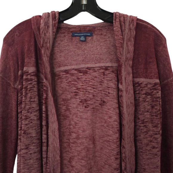 American Eagle Open Front Hooded Cardigan Womens Size S Lightweight Burgundy - Picture 9 of 16